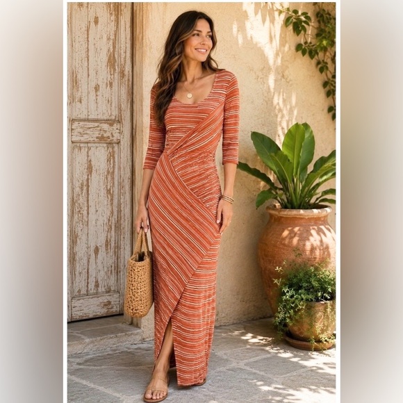 Peruvian Connection Dresses & Skirts - Peruvian Connection Circe 3/4 Sleeve Asymmetrical Maxi Dress Terracotta XS
